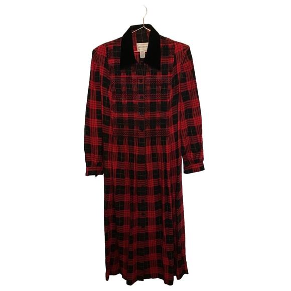 Vintage Karin Stevens Plaid & Velvet Dress with elastic embroidery - Picture 1 of 5